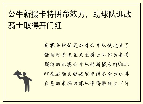 公牛新援卡特拼命效力，助球队迎战骑士取得开门红