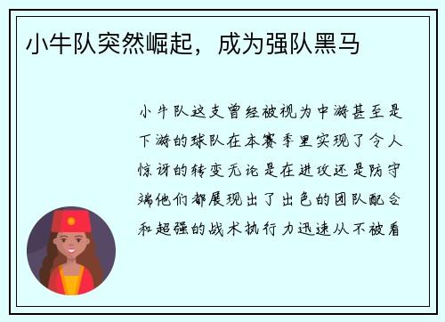 小牛队突然崛起，成为强队黑马