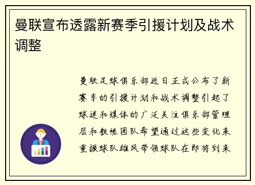 曼联宣布透露新赛季引援计划及战术调整
