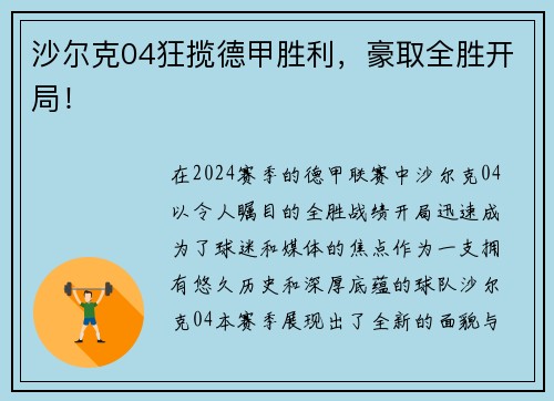 沙尔克04狂揽德甲胜利，豪取全胜开局！